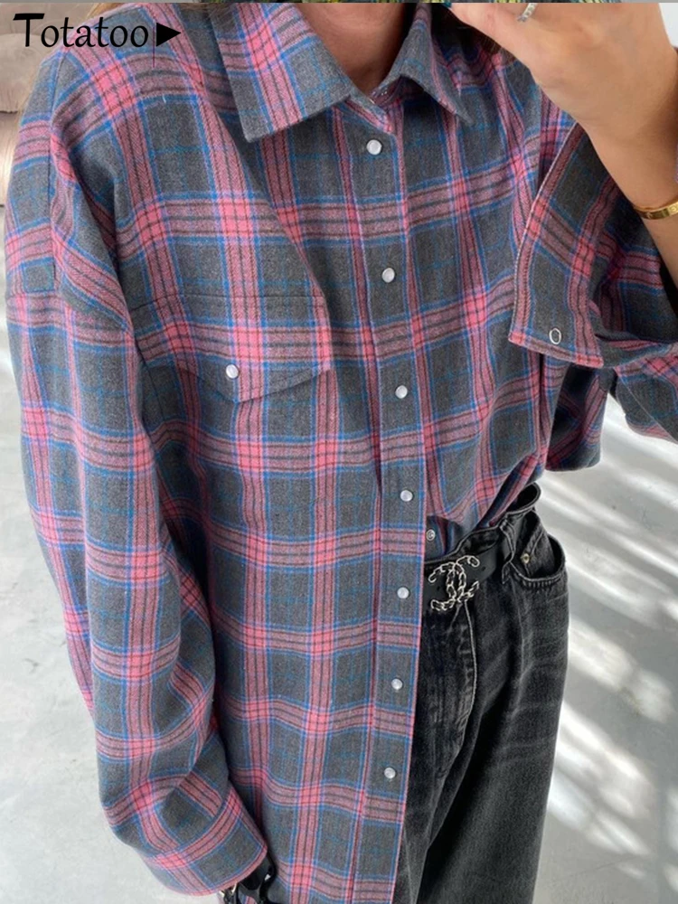 Винтажная женская клетчатая блузка Totatoop рубашки 2024 осенняя оверсайз на