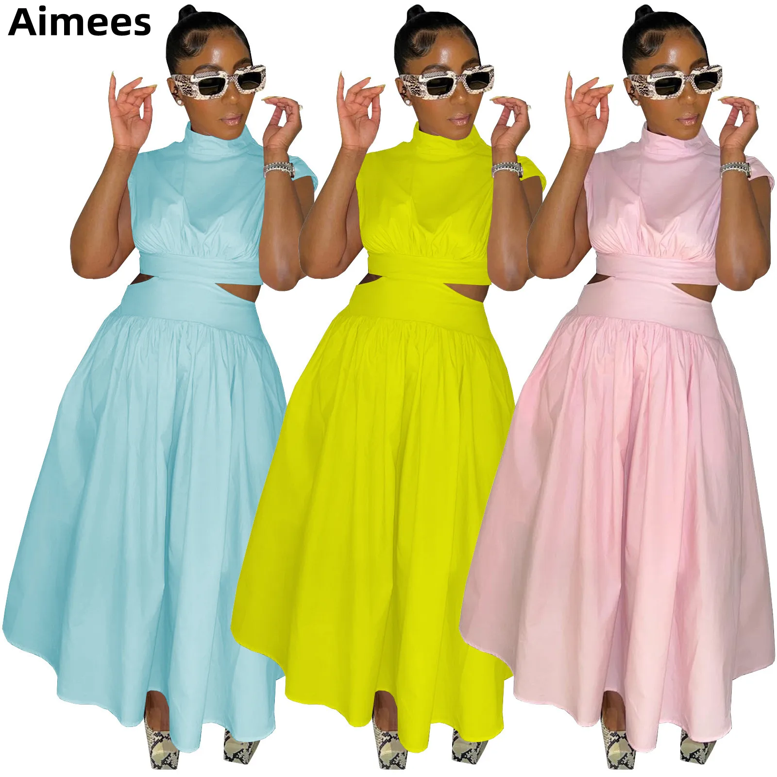 

Elegant Hollow Out Women Party Dress Solid High Neck Sleeveless Sexy Female Dresses Beach Holidays Club Gowns 2022