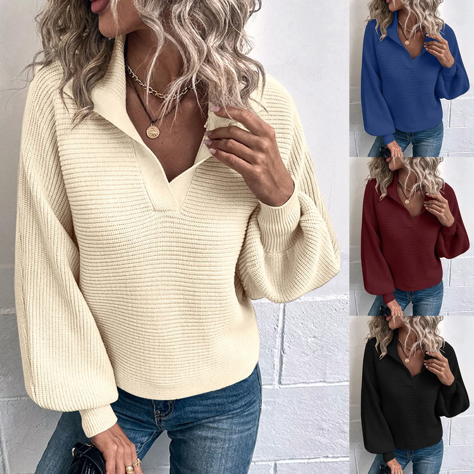 

Женский трикотажный пуловер с V-образным вырезом и длинным рукавом