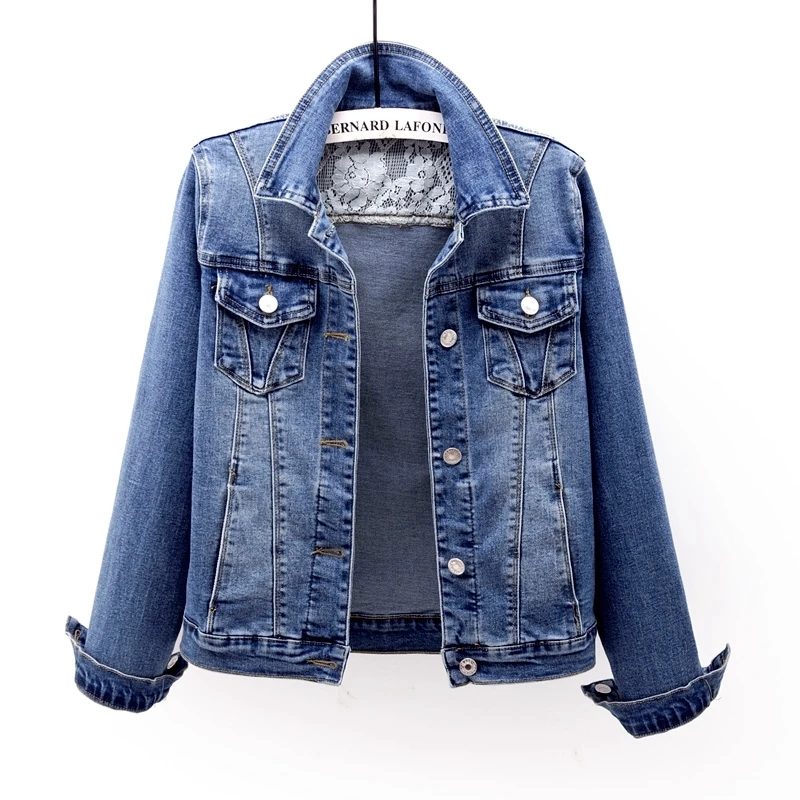 

Elasticity Slim Denim Jacket Women Spring Autumn Vintage Blue Short Cowboy Outerwear Lace Patch Design Jeans Jacket Coat Female