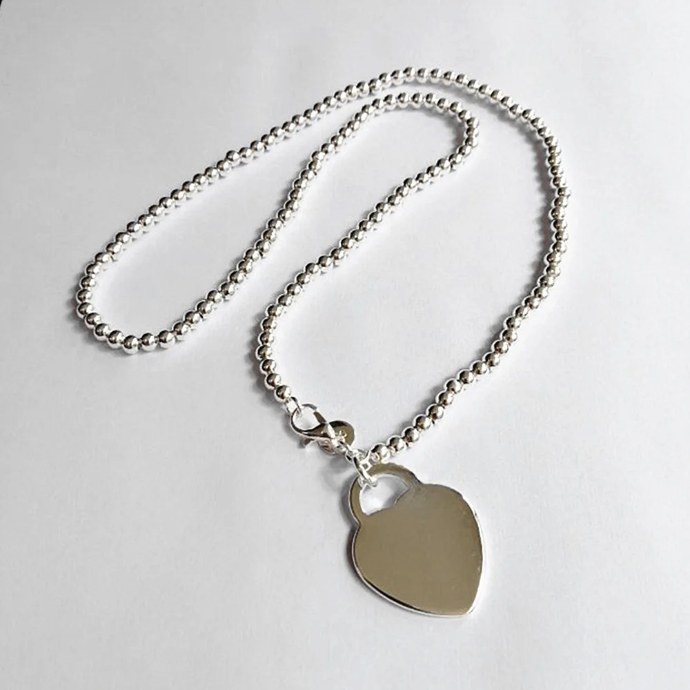 

925 Sterling Silver Necklace Elegant Round bead chain heart Pendant For Women fashion party wedding accessories Jewelry gifts