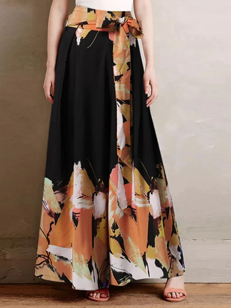 

Fashion Streetwear Drape Wide Leg Pants Casual Summer Chiffon Print Pattern Long Pant New Women Chic Bow Bandage Office Trousers