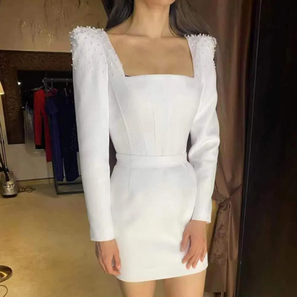 

Women Winter Style Sexy Square Collar Long Sleeve Black White Pearl Mini Bodycon Bandage Dress 2022 Elegant Evening Party Dress
