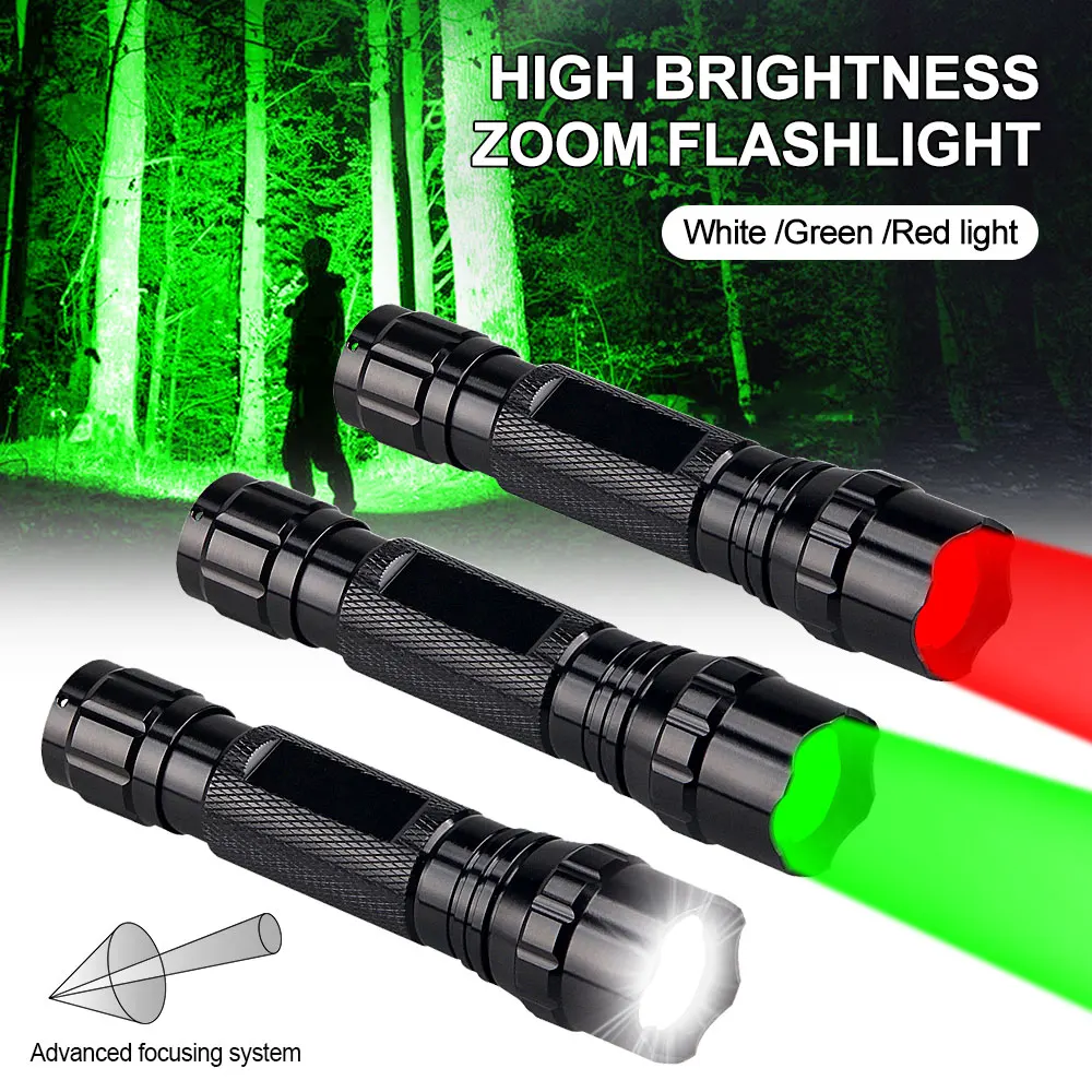 LED Tactical Hunting Flashlight Green/Red/White Zoomable Aluminium Waterproof Outdoor Lighting+Gun Mount+Switch+18650+Charger