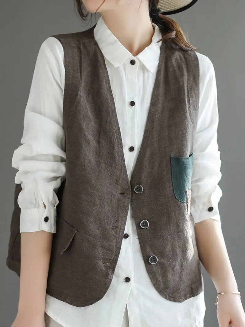 

Fashion Woman Spring And Summer Literature And Art Retro Vest New Loose Sleeveless Patch Vest V-neck Top Single Breasted Coat
