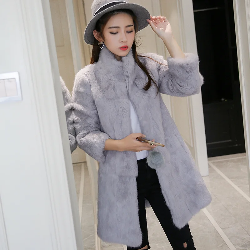 genuine New natural Real rabbit fur coat women's stand collar 70CM length jacket lady fashion fur outwear custom any size