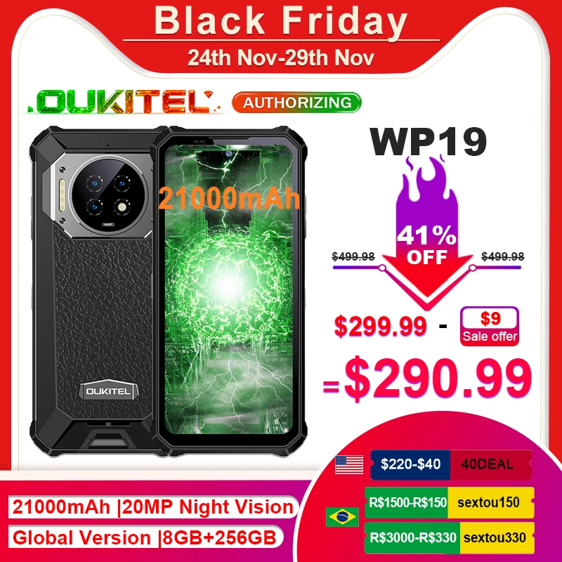 Прочный мобильный телефон OUKITEL WP19, 21000 мАч, 6,78 дюйма, FHD + 8 Гб + 256 ГБ, тройная камера ночного видения 20 МП, 64 мп