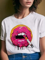 cartoon mouth smoke womens clothing o neck printed young girls t shirts for woman short sleeves 2022 ladies tops summer tees