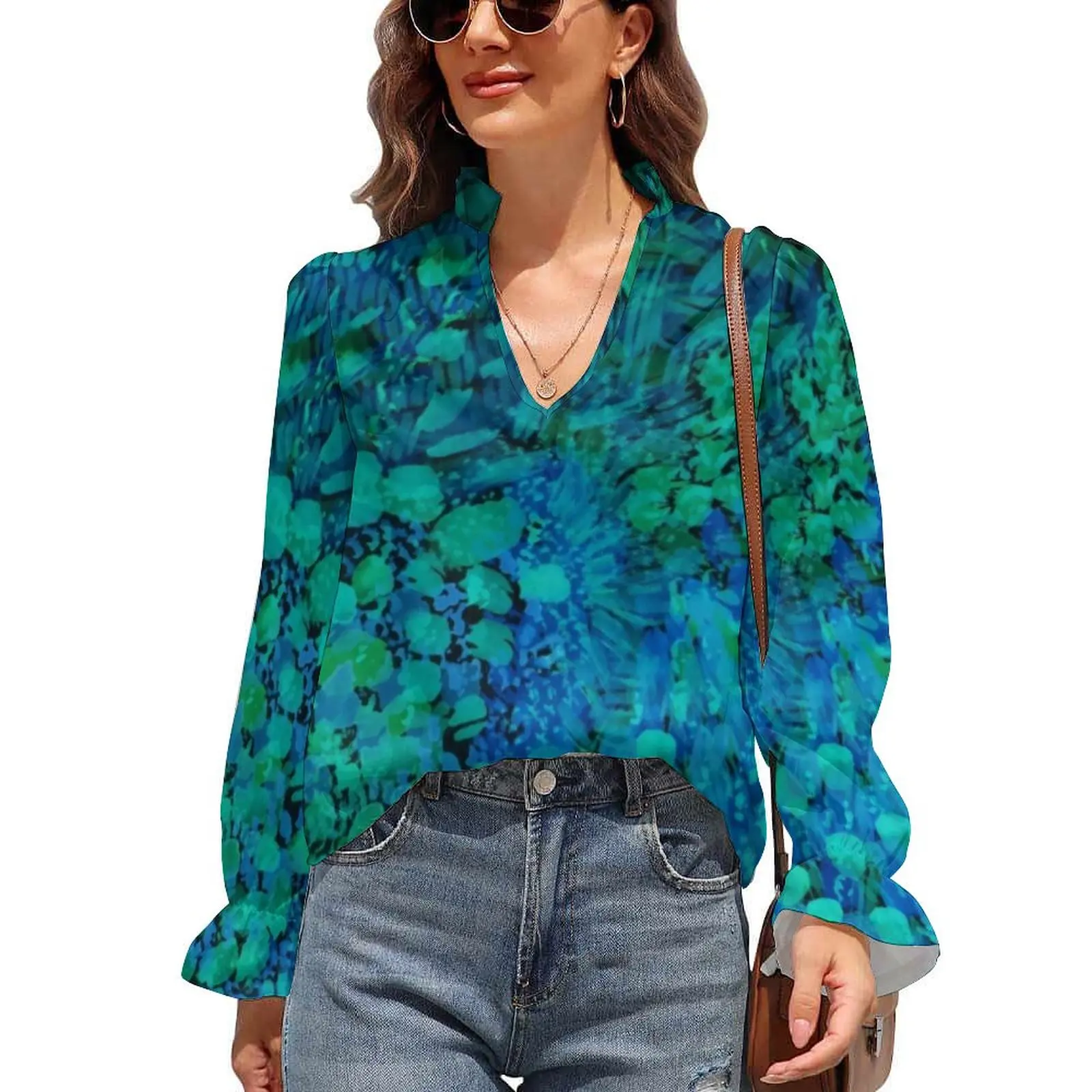 

Peacock Watercolor Chiffon Blouse V Neck Abstract Painting Pretty Blouses Long-Sleeve Street Fashion Shirts Woman Clothing Gift