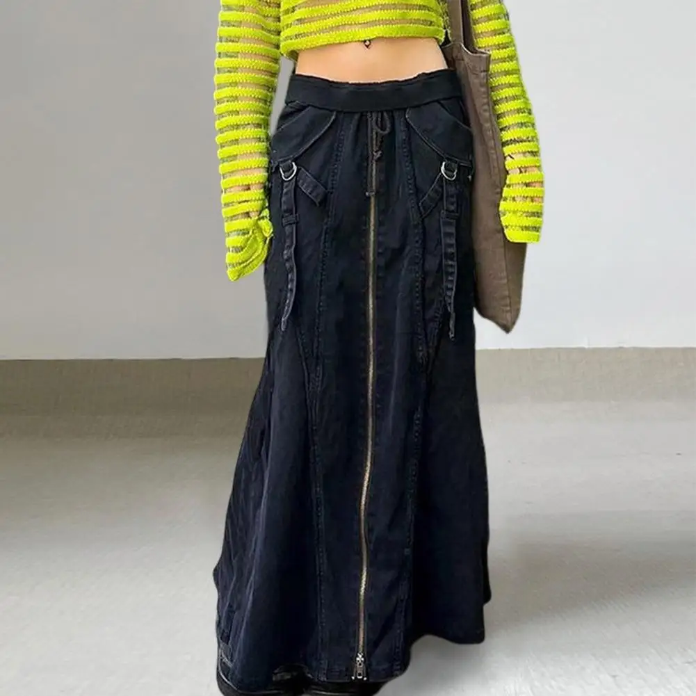 

Elastic Waistband Drawstring Slant Pockets Zipper Closure Denim Skirt Fishtail Hem High Waist A-line Maxi Skirt Streetwear