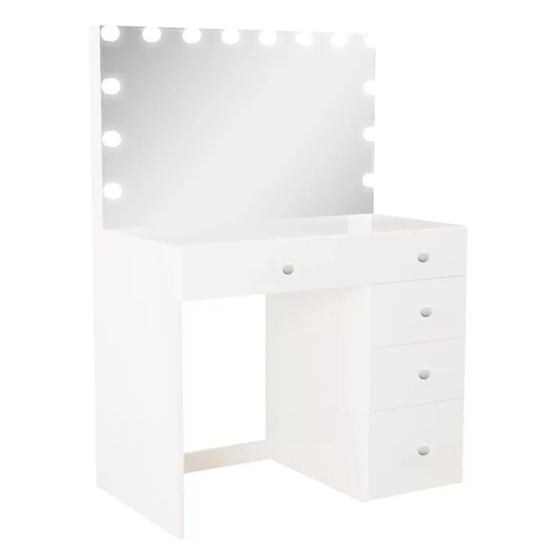 

Boahaus Saranya Modern Vanity Desk with Light Bulbs, 5 Drawers, White