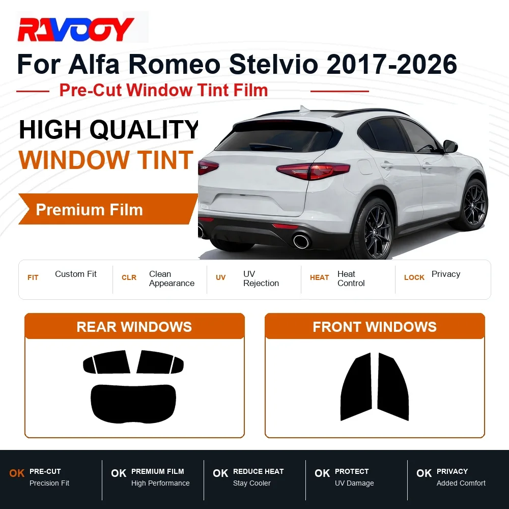 Фото Премиальная предварительно нарезанная тонировочная пленка для окон Alfa Romeo Stelvio 2017-2026: для передних и задних стекол, с защитой от УФ-излучения и теплоизоляцией, пленка для конфиденциальности №1