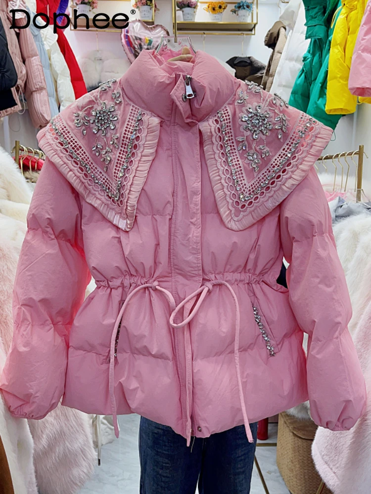 

Милый стильный толстый пуховик, пальто, женская одежда, новинка зимы 2023, изысканное женское кружевное темпераментное облегающее теплое пальто с поясом