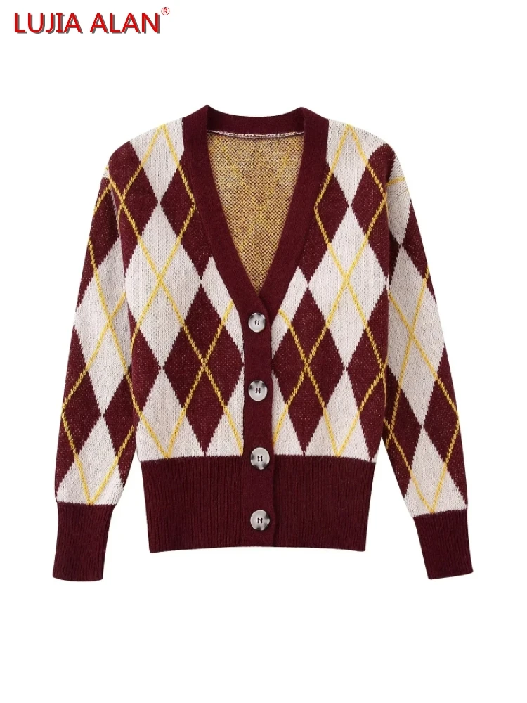 

Autumn New Women's Argyle Jacquard Knitting V-Neck Single Breasted Long Sleeve Casual Loose Sweater LUJIA ALAN SW1880