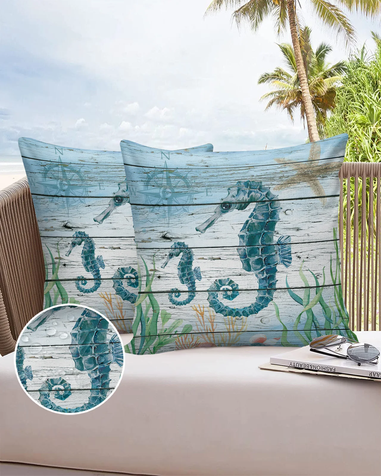 Ocean Theme Animal Seahorse Starfish Wood Grain Sofa Cushion