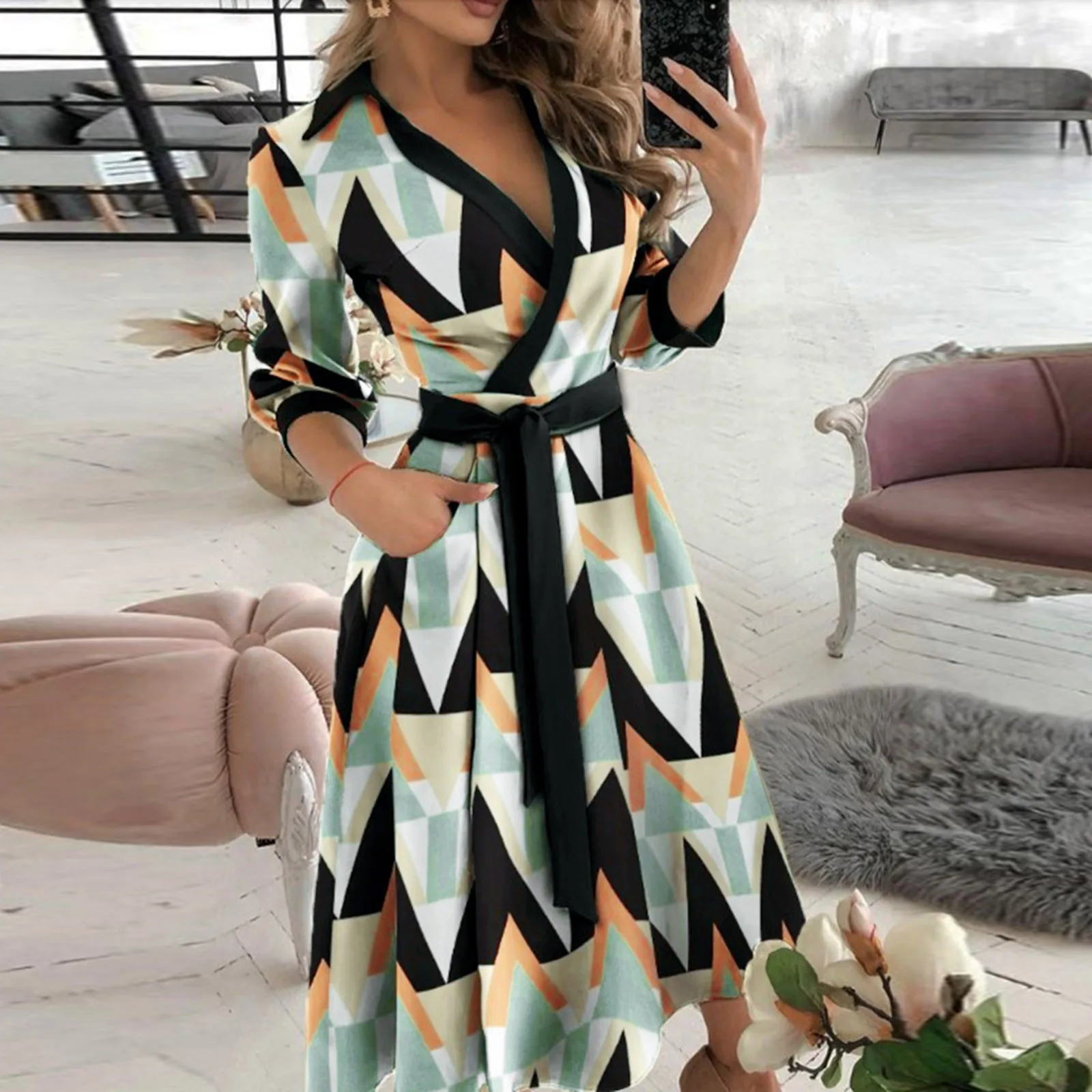 

Hips Body Womens Dress Long Wrap V-neck Print Lacing Fashion Slim Women's Dress Hot Pink Short Dress