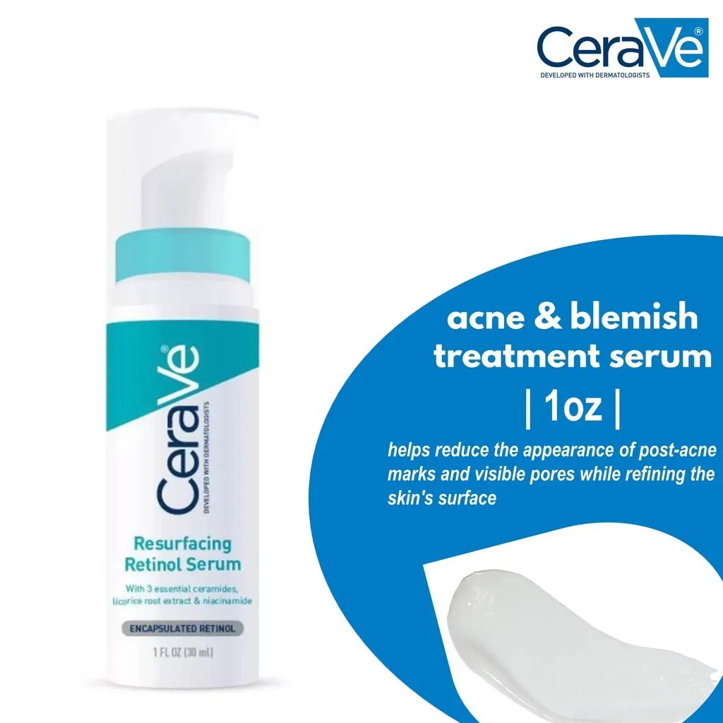 

CeraVe Resurfacing Retinol Serum 30ml For Post-Acne Marks & Skin Texture Hydrating Pore Refining Improves Skin Smoothness Bright