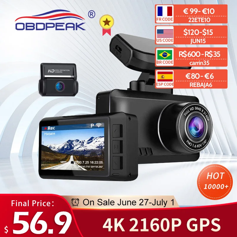 OBDPEAK M63s Dash Cam Dual Lens Ultra HD Real 4K Car DVR Camera WIFI GPS Rear View Night Vision WDR Video Recorder 24H Parking