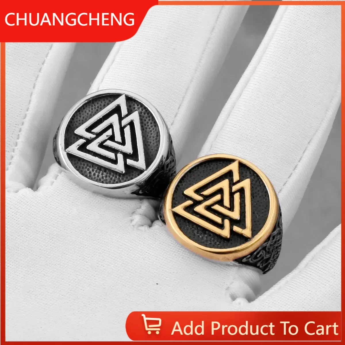 

CHUANGCHENG Nordic Trend Viking Odin Triangle Rune Men's Style Personalized Stainless Steel Rings Sizes 7-13