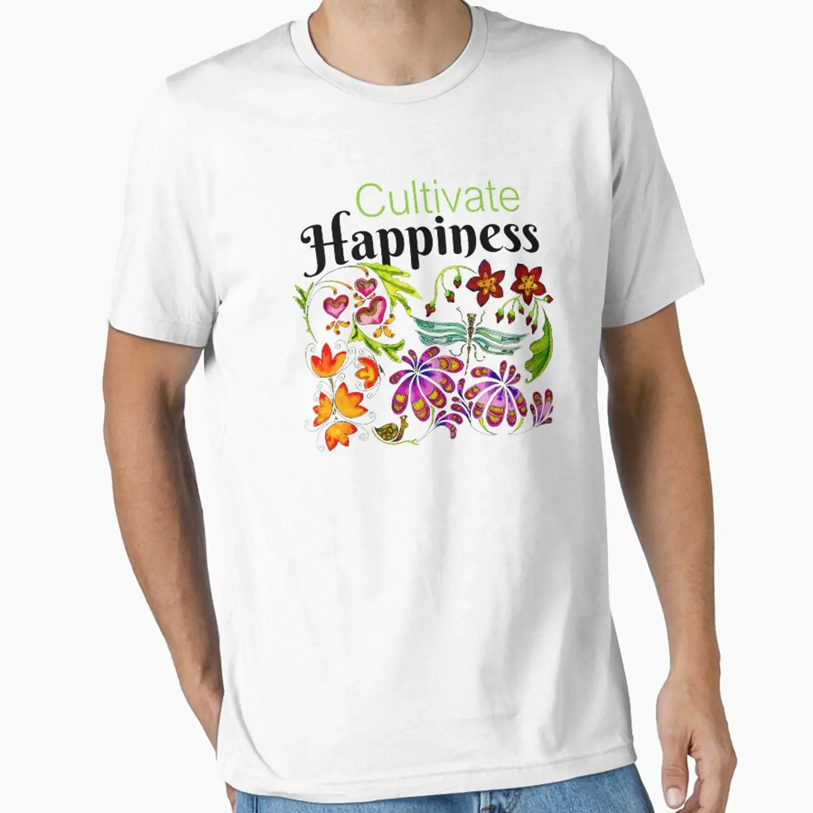 Фото Футболка Cultivate Happiness Flower and Butterflies Essential, винтажная, унисекс, уличная одежда, универсальная. №1