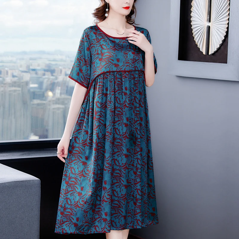 

Summer New Printed Floral Natural Silk Midi Dress Women's High Quality Elegant Loose Waist Dress 2022 Korean Style Retro Casual