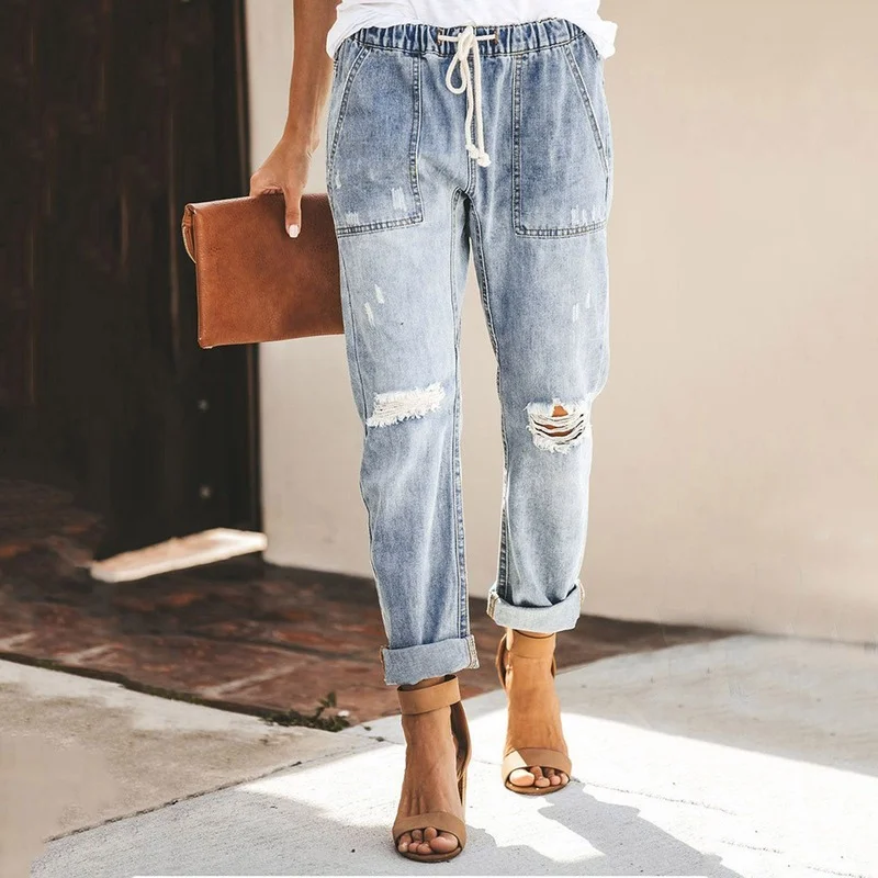 Women Elastic Waist Drawstring Stretch Denim Pants 2021 Distressed Jeans Joggers Korean Casual Female Pant Fashion Trousers Pop
