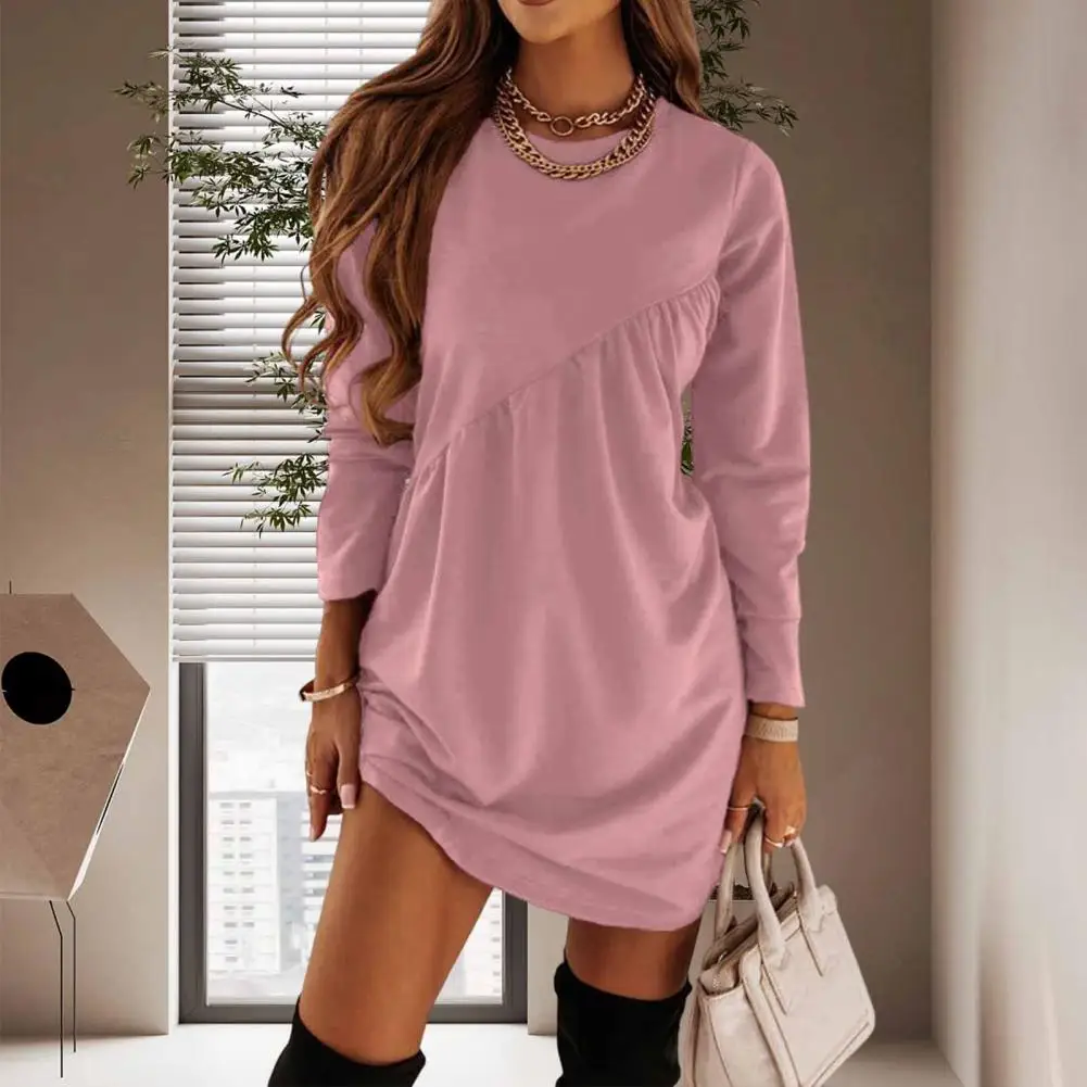 

Модное осеннее платье мини с круглым вырезом, однотонное платье с длинным рукавом