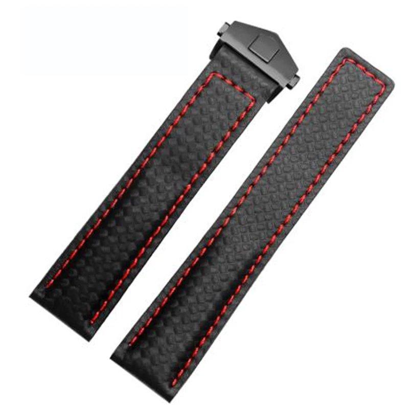 For TAG heuer watchband Carbon fiber texture cow leather bottom BLACK RED wristband men's strap 20mm 22mm with folding buckle