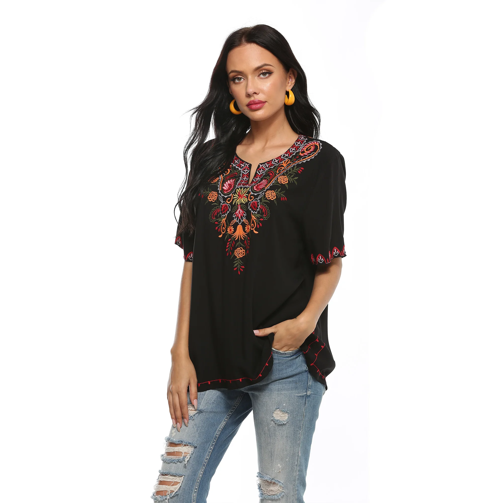 

Eaeovni Women's Summer V Neck Boho Print Embroidered Shirts Short Sleeve Casual Tops Blouse