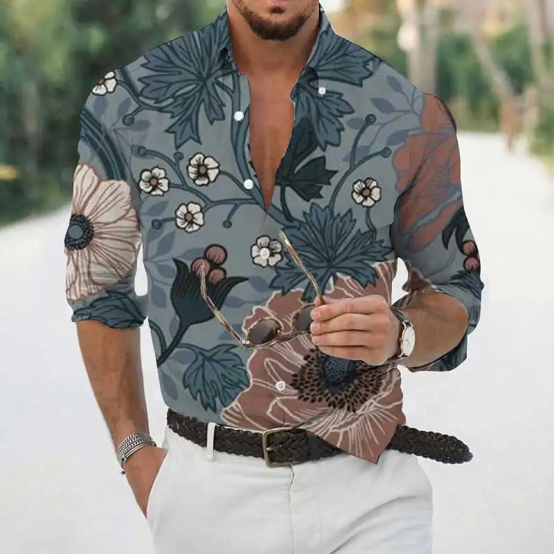 2022 Spring and Autumn New Men's Long-sleeved Shirt Casual Fashion Street Retro Floral Single-breasted Lapel Shirt