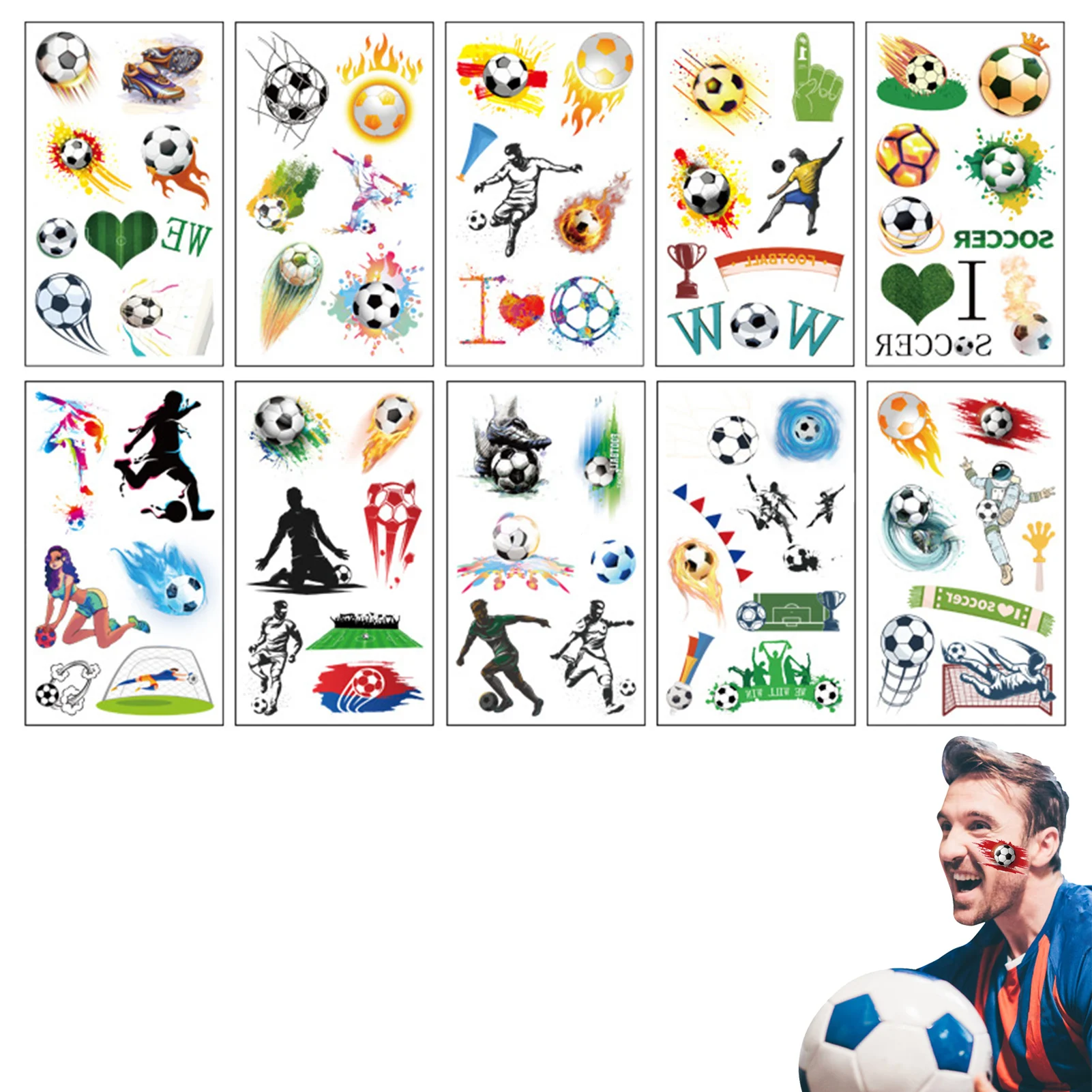

10pcs Football Stickers For Kids Aldult Sports Temporary Stickers Waterproof Sweatproof Fake Face Stickers Soccer Stickers