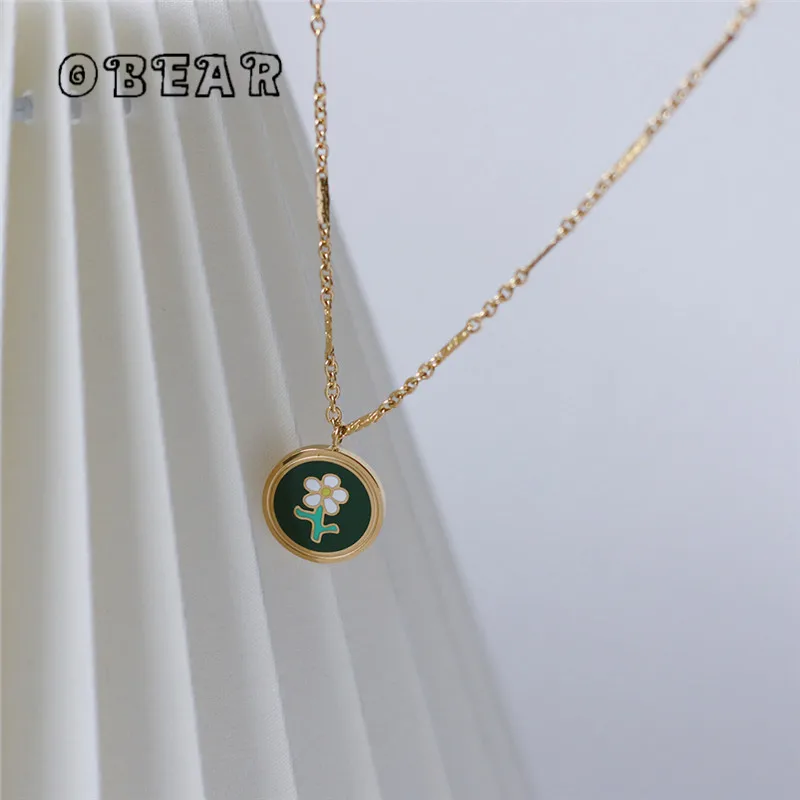 

Stainless Steel 18k Gold Plated Necklace Vintage Small Daisy Flowers Dark Green Drip Oil Clavicle Chain for Women Jewelry