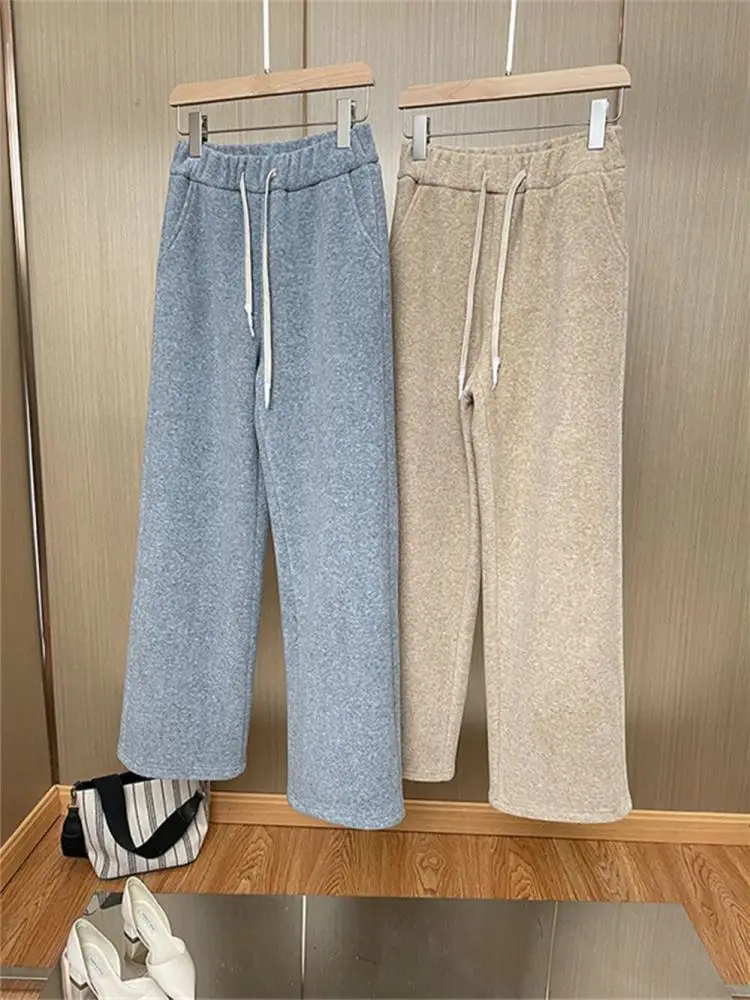 Women Drawstring High Waist Loose Wide Trousers 2022 Autumn Winter New Lady Thickened Warm Plush Wool Blend Straight Sweatpants