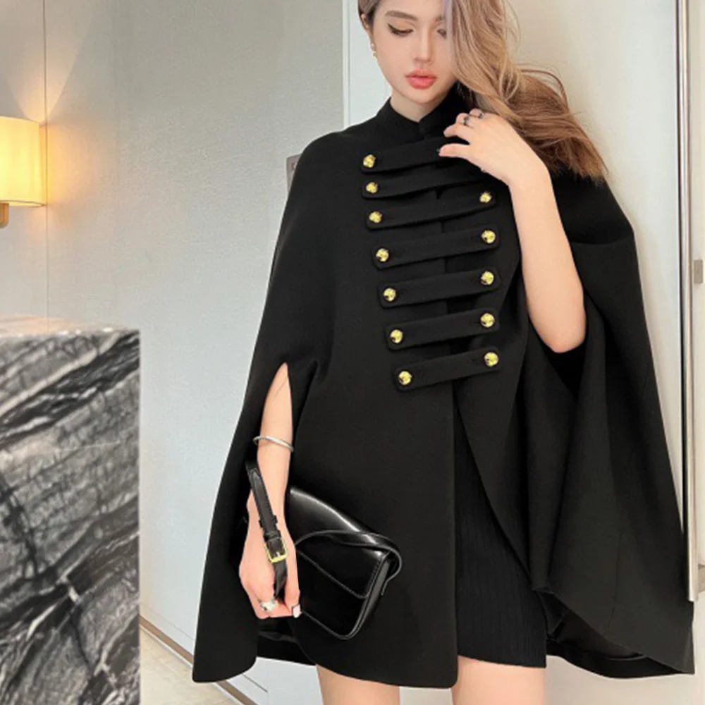 

Woman Clothing Autumn Winter New Black Cloak Long Coat Women's Style Fashion Versatile Metal Button Design Embellishment 2023