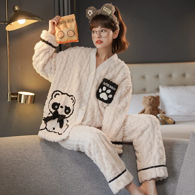 

2022 Autumn Winter Pajama Set Women Coral Velvet Long Sleeve Pyjamas Flannel Nightgown Female Sleepwear Homewear