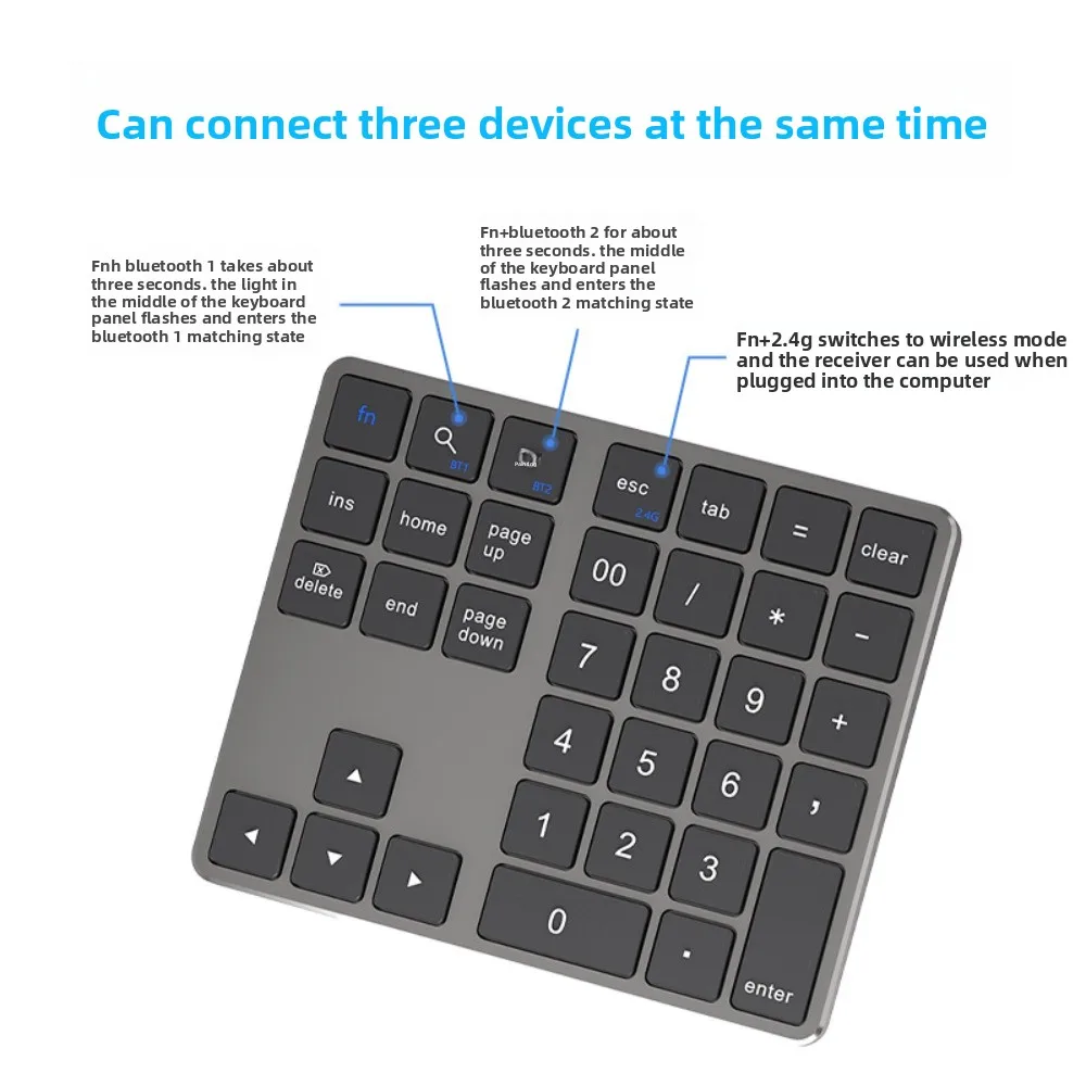 Фото Беспроводная клавиатура 2.4G и Bluetooth, перезаряжаемая, 35 клавиш, мини-цифровая клавиатура, эргономичный тонкий дизайн, беспроводная цифровая клавиатура №2