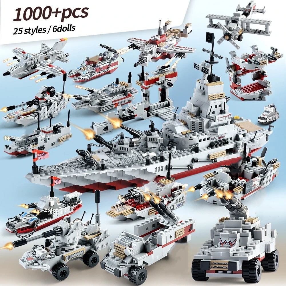 

1000+PcsMilitary Set Navy Warship Tank Aircraft Model Building Blocks Soldier Figures DIY Assembly Bricks Toys For Boys