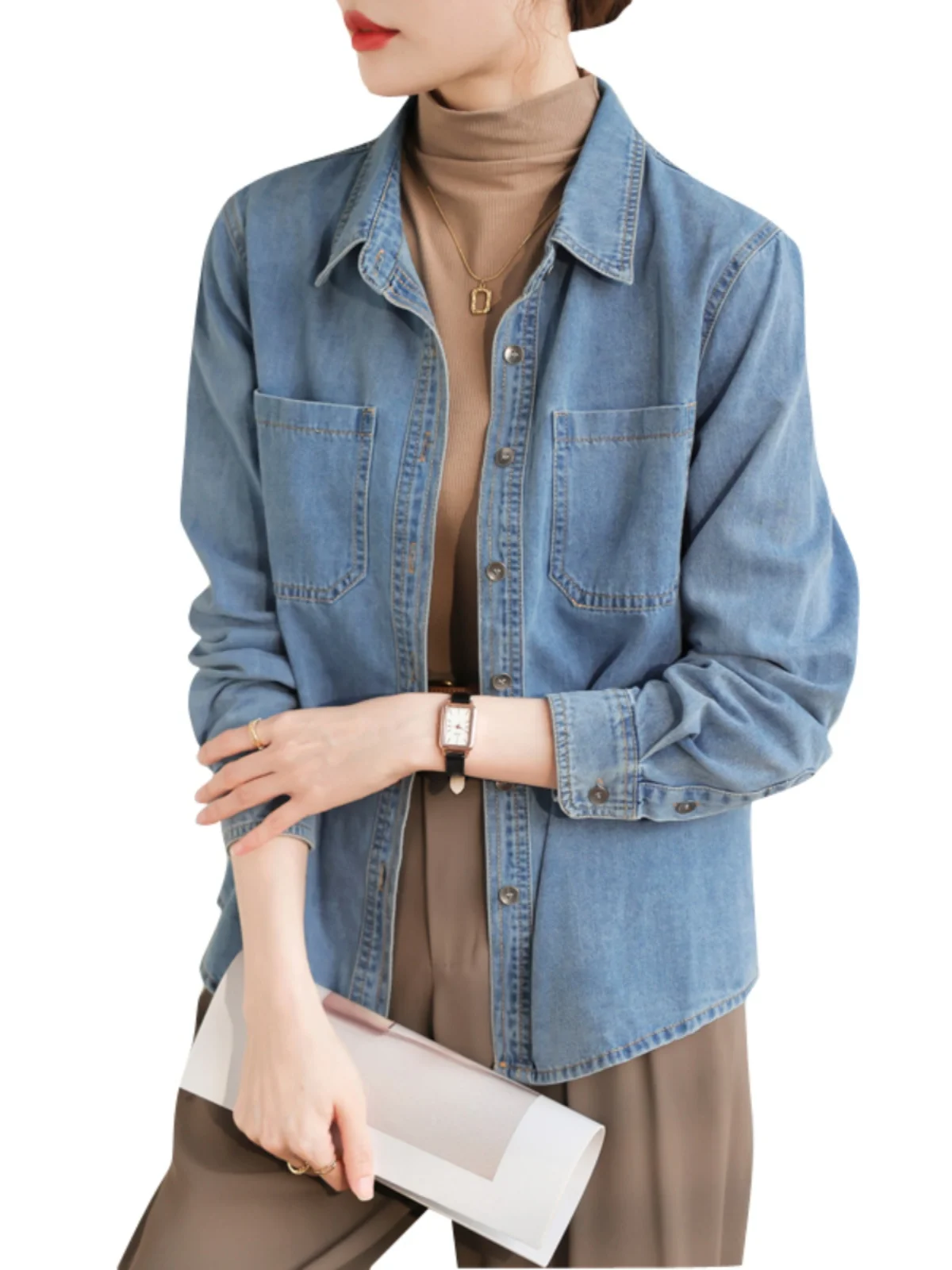 Мягкие джинсовые рубашки с потертыми плечами в стиле ретро женские осенне-зимние