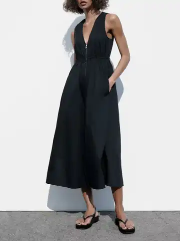 New Women's Fashion V-Neck Sleeveless Midi Dress Elastic Waist Hepburn Style Long Dress Pleated Zipper Decoration Poplin Dress