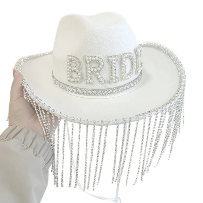 

Elegant Cowgirl Hat for Bridal Shower White Cowgirl Hat Bachelorette Party Shimmering Tassels Cowgirl Hat Wide Brim