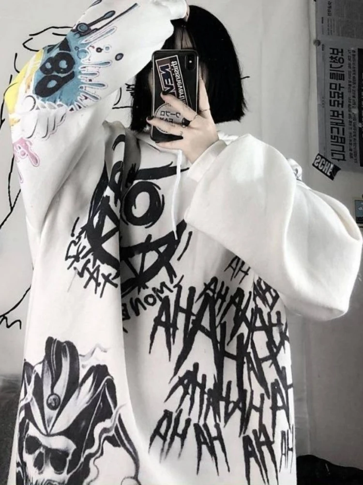 Deeptown Gothic Streetwear Cartoon Print Hoodies Women Harajuku Hip Hop Oversized Graphic Sweatshirts Loose Casual Tops Punk Emo images - 6