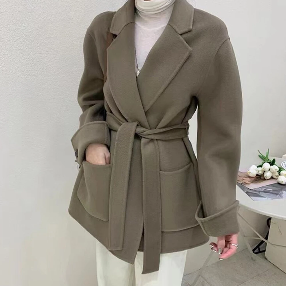 2022 New Double-sided Cashmere Wool Coat With Belt For Spring Winter Office Lady V Neck Loose Suit Cloak Turn Down Collar Brand