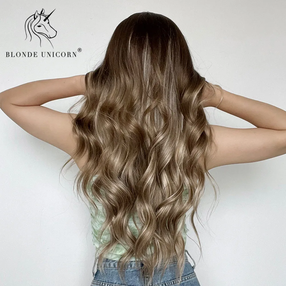 Парик Синтетический блонд Единорог Омбре коричневый с хайлайтером длинные