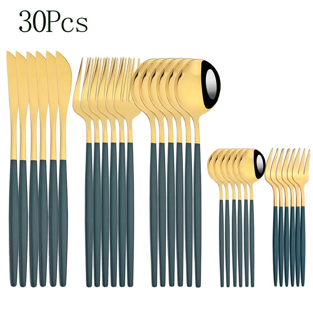 

30Pcs Green Gold Dinnerware Mirror Stainless Steel Cutlery Set Knife Cake Fork Spoon Dinner Flatware Set Kitchen Silverware