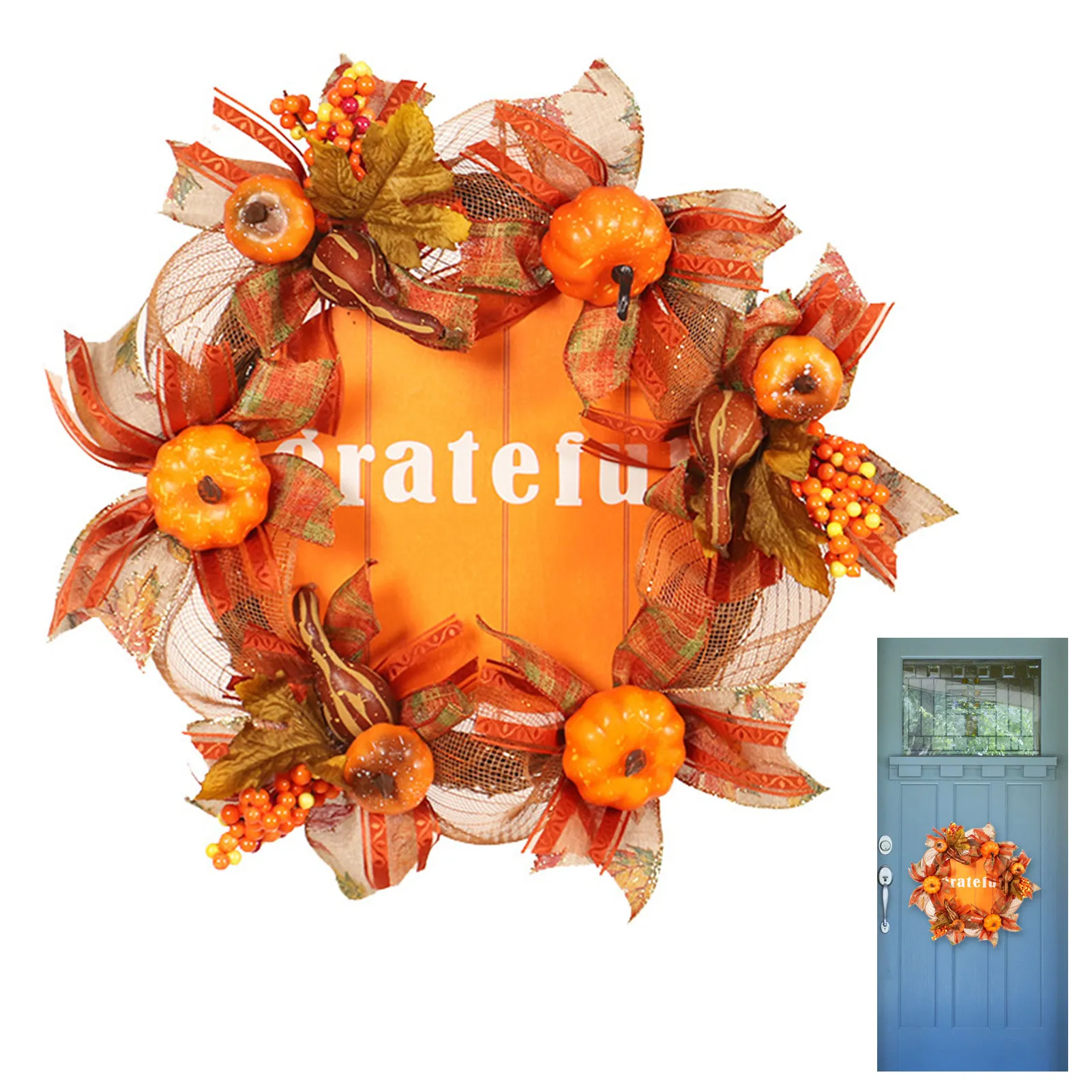 

Autumn Wreath For Front Door Grateful Wood Sign Hanging Wreaths For Halloween Thanksgiving Rustic Hanging Ornament Faux Plants
