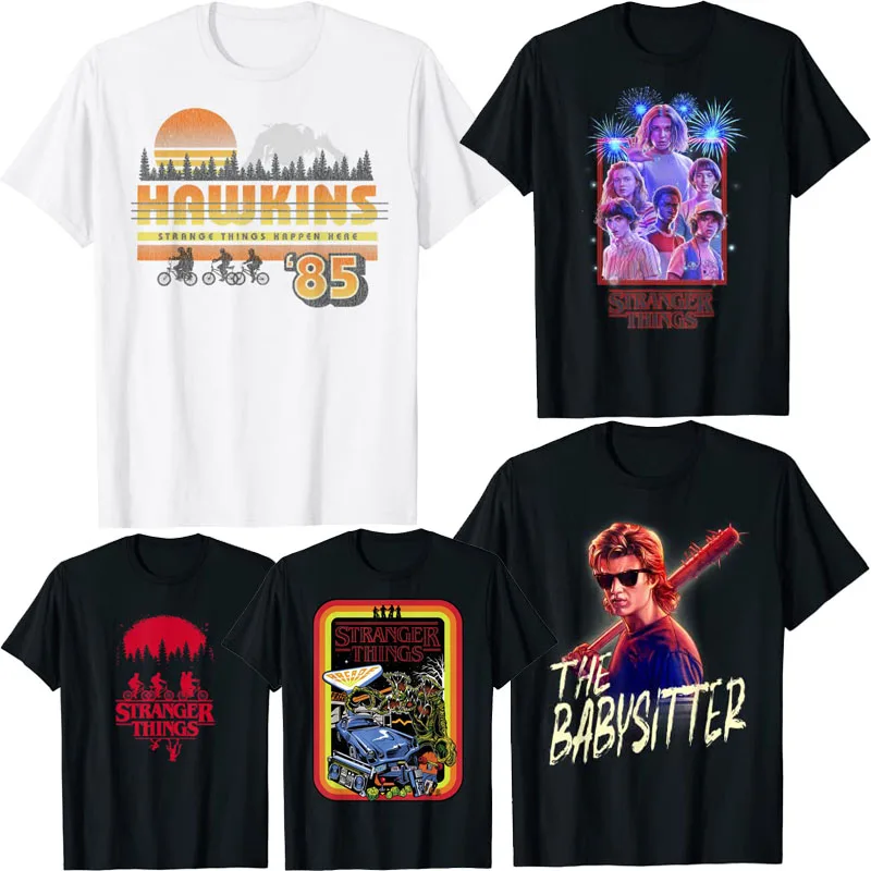 

Netflix Stranger Things Group Shot Fireworks Poster T-Shirt Hawkins Strange-Things Steve The Babysitter Portrait Retro Tee Tops