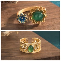 engraved brass ring emerald zircon temperament vintage ring for women fashion gold color rings wedding jewelry anillos 2022