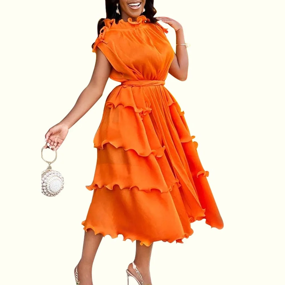 

Summer Elegant Temperament Dress Women Multi-layer Fish Silk Edge Sleeveless Long Skirt Fashion Fresh and Sweet Women's Clothing