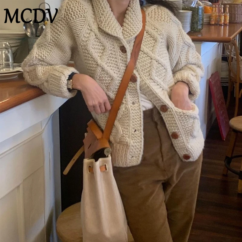MCDV повседневные однотонные вязаные кардиганы женские однобортный свитер с