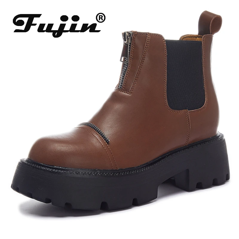 

Fujin 8cm Natural Genuine Leather Chelsea Platform Wedge Motorcycle Mid Calf Ankle Boots Thick Soled Women Autumn Spring Shoes